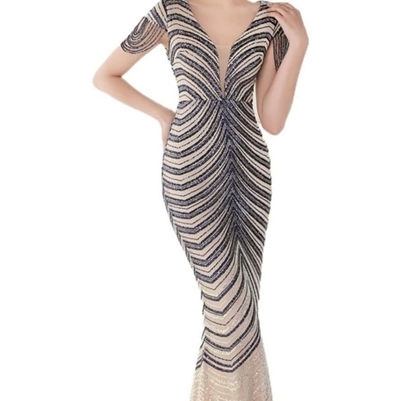 Navy/Ivory , Short Rhinestone Sleeves,  Sequined,  V Neck, Mermaid Maxi … - Picture 11 of 16